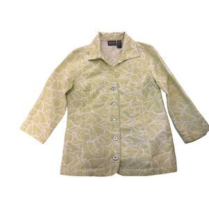 Chicos Light Green Button-Front Blazer Jacket Sz 0 Small White Floral Metallic
